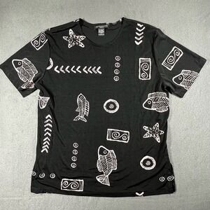 Tribal Fish Starfish Graphic Stretch Tee Women's Large Black Coastal Y2K Sea Top